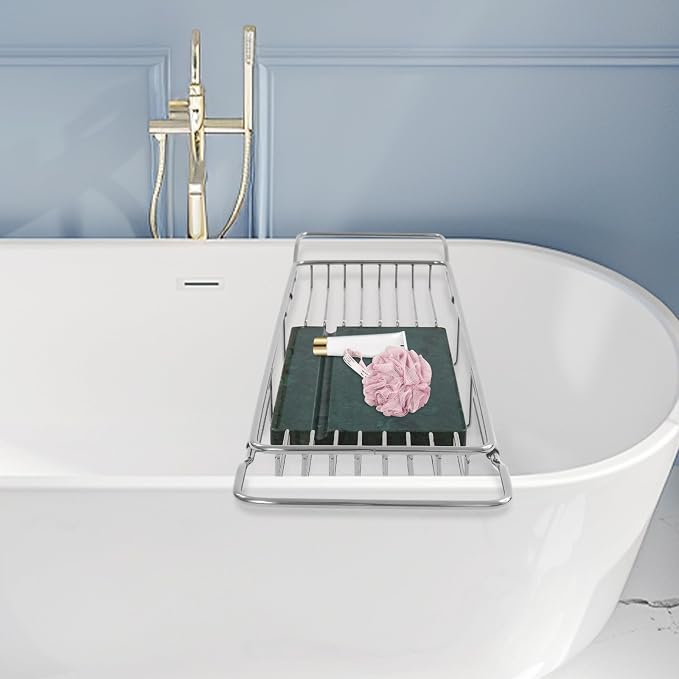Expandable Bathtub Tray, 26.7-35.4 Inches Stainless Steel Bath Caddy Tray with Marble Base Adjustable Luxury Bath Trays for Tub Scented Candle Wine Glass Books (Silver+Green)