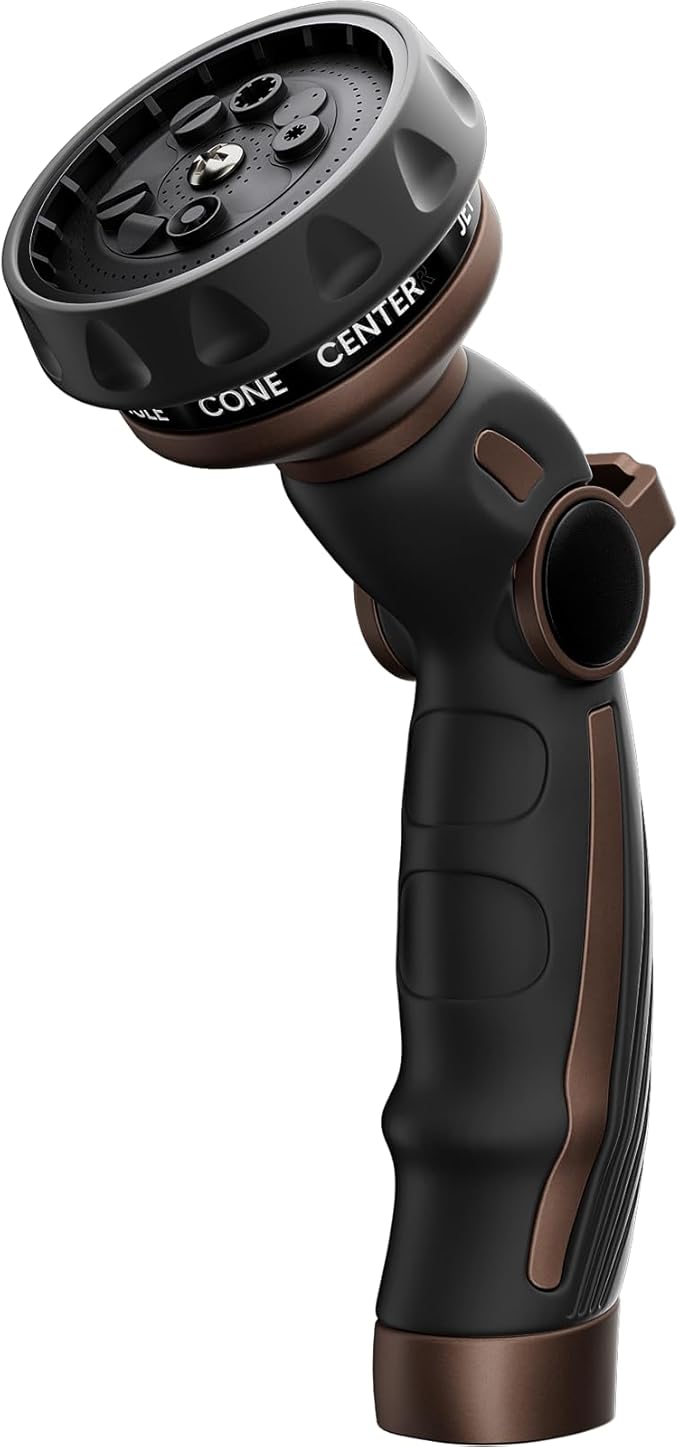 RESTMO Hose Nozzle Heavy Duty, Metal Water Hose Sprayer for Garden | 9 Spray Patterns, High Pressure, Thumb Flow Control, On/Off Valve, Ideal for Outdoor Lawn & Plant, Car & Pet, Brown