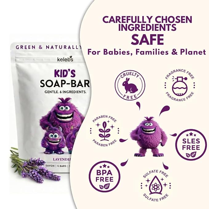 KELEBS Kids Soap Bar, Gentle Lavender Soap, Kids Body Wash Bar, Natural Bar Soap for Kids & Family, with Organic Lavender Oil, Naturally Scented, 5 Bars