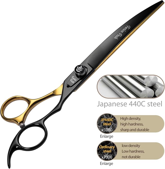 8'' Black Dog Grooming Scissors Goldern Curved Scissors with Ergonomic Offest Handle and Pattern Screw Pet Grooming Trimming Shears Durable and Sharp 440C