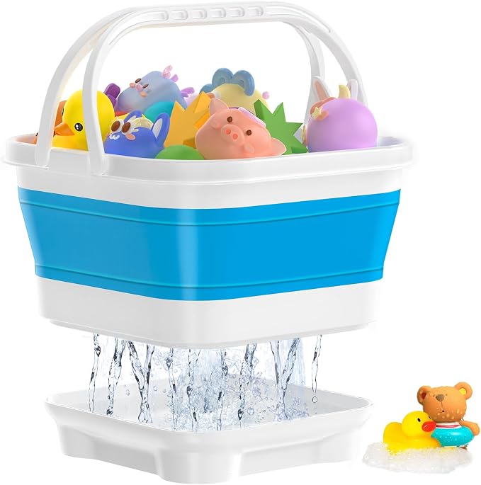 Anivia Foldable Bath Toy Storage Organizer with Removable Base, Quick-Drain-Drying Bathtub Toy Holder Basket for Kids, Blue