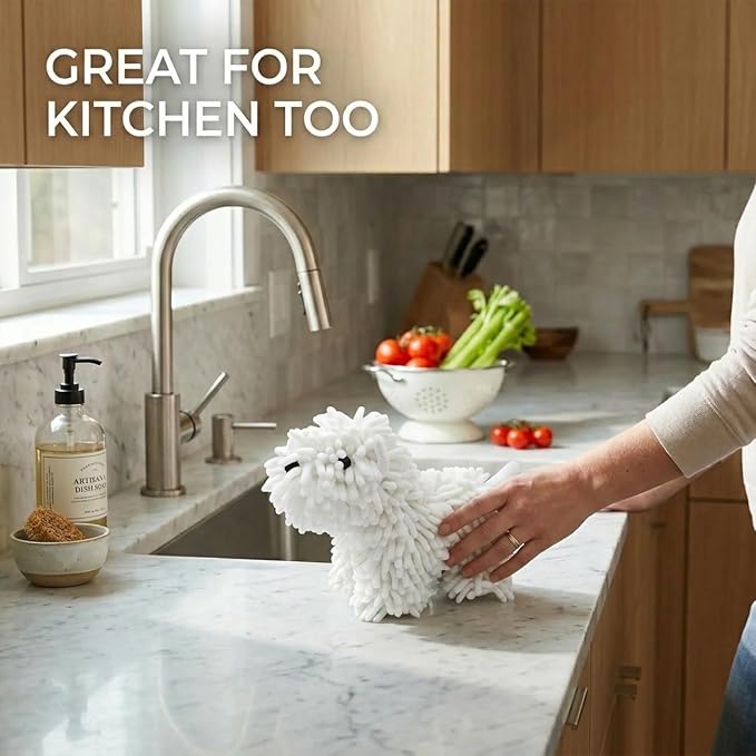 Cute Dog Chenille Hand Towel, 3D Puppy Hangable Fuzzy Ball Hand Towel Microfiber Super Soft Absorbent Bathroom & Kitchen Towels with Hanging Loop, Can Be Placed on the Sink Countertop (White & Pink)