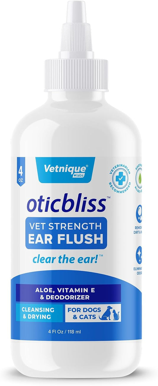 Vetnique Oticbliss Cat & Dog Ear Cleaner & Drying Flush for Wax & Odor | Dog Ear Wash & Drying Solution, Ear Wax Remover & Cleaner for Cats & Dogs, Aloe Soothes Itchy Ears After Swim, Bath & Groom