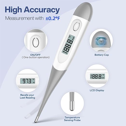 Boncare Digital Thermometer for Adults, Kids & Babies, Gray | Accurate & Safe Oral and Rectal Thermometer with 10-Second Reading and Fever Alarm
