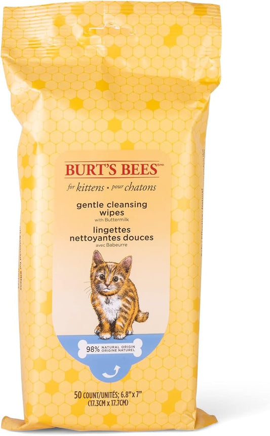 Burt's Bees for Pets Kitten Grooming Wipes with Buttermilk and Honey, Waterless Cat Bath Wipes for Face, Paws, Tail and Coat Cleaning, Gentle Bath Alternative for Indoor Felines, 50 Count