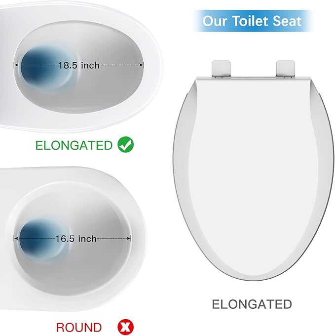 19 in Toilet Seat with Cover Soft Close, Toilet Lid Slow Close Quiet No, Easy Installation & Release,Safe PP Material Easy Clean, Comfortable Ergonomic Design, Suitable to Elongated Toilets,White