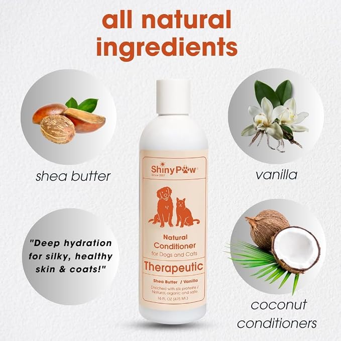Dog Conditioner for Allergies and Itching | Shiny Paw Shea Butter & Vanilla Conditioner for Dogs & Cats | Dog Matted Hair Detangler | Made in THE USA | 16 oz