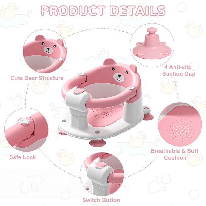 Baby Bath Seat for Babies 5-10 Months, Non-Slip Toddler Bath Seats for Babies Sitting Up, Safe Infant & Newborn Bathtub Chair with 4 Suction Cups & Soft Cushion for Shower,Pink