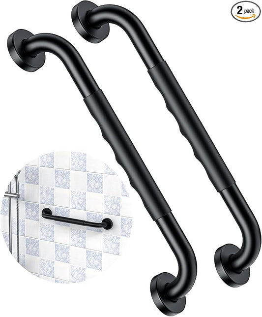 2 Pack 16 Inch Black Shower Grab Bar w/Anti Slip Rubber Grip,ZUEXT Stainless Steel Bath Grab Bar,Bathroom Balance Bar,Wall Mount Safety Handrail Support,Handicap Injury Elderly Senior Assist Handle