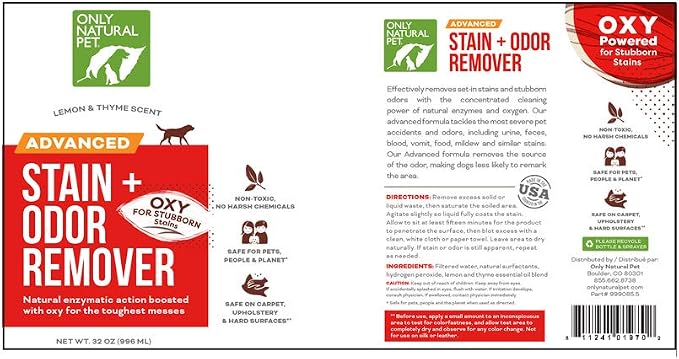 Only Natural Pet Advanced Stain & Odor Eliminator – Enzyme Powered Pet Urine Cleaner & Deodorizer for Cats – Hardwood Floors, Carpets & Upholstery – Fresh Mandarin Orange & Green Tea Scent – 32 fl oz