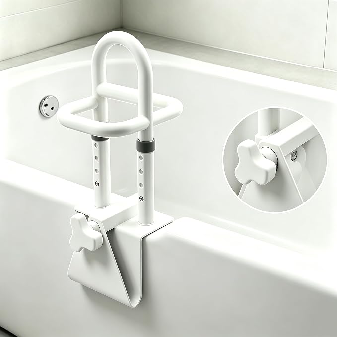 Bathtub Safety Rail, Adjustable Height Bathtub Handle Grab Bar, Sturdy Clamp-On Tub Grab Bar with 300 lbs Capacity, Bathroom Safety Rail for Family
