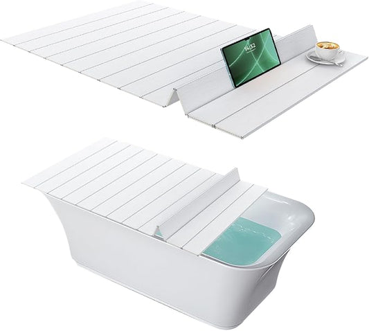 Bathtub Tray, Foldable Waterproof Bathtub Cover with Thermal Insulation, PVC Shutter Bath Lid Dust-Proof for Most Tubs, Laptop Desk & Wine Glass Holder for Home Bathroom Spa (XL)