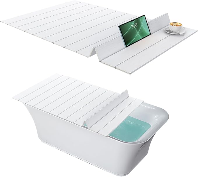 Bathtub Tray, Foldable Waterproof Bathtub Cover with Thermal Insulation, PVC Shutter Bath Lid Dust-Proof for Most Tubs, Laptop Desk & Wine Glass Holder for Home Bathroom Spa (L)