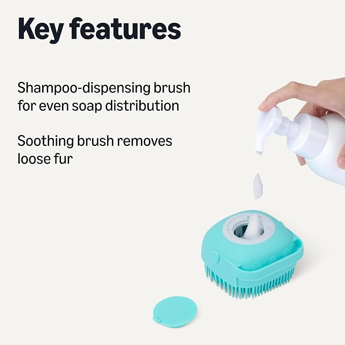 Amazon Basics Dog Bath Brush with Shampoo Dispenser and Fast Dry Towel, Blue and Orange, 3-Pack