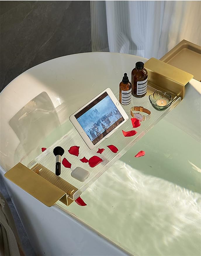 WANLIAN Acrylic Brass Bathtub Caddy Tray, Adjustable Length Bath Caddy Tray Shelf for Shower Storage Organizer