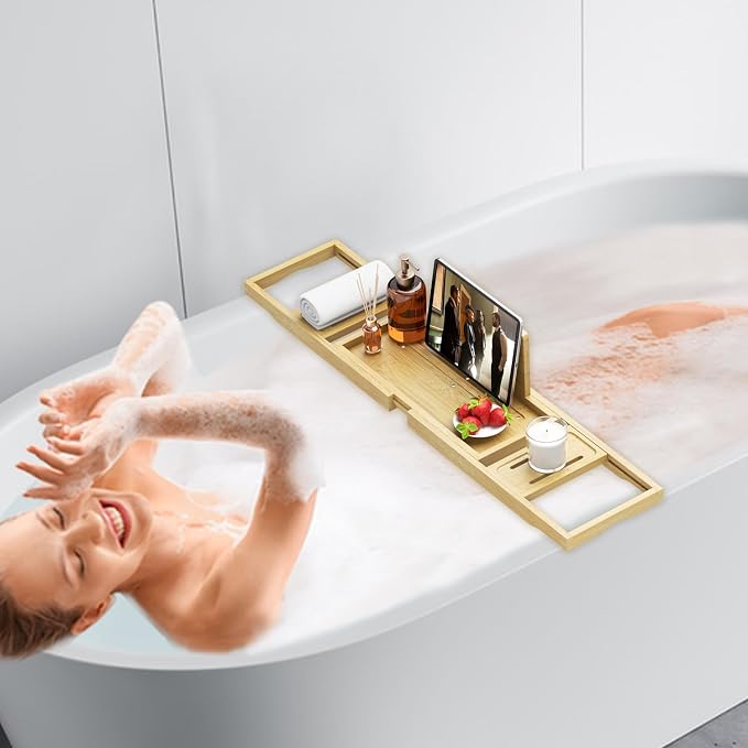 Premium Bathtub Tray - Expandable Bamboo Wooden Bath Trays for Bathub - Bath Tub Table Tray for Bathtub/Tub,Adjustable Size, Fits Most Tubs