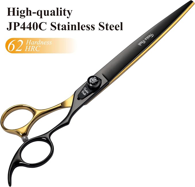 8'' Black and Gold Two-color Dog Grooming Scissors Set Straight Thinning Curved and Chunker Shears 4PCS Set with Pattern Screw and Ergonomic Offest Handle 440C Sharp and Durable