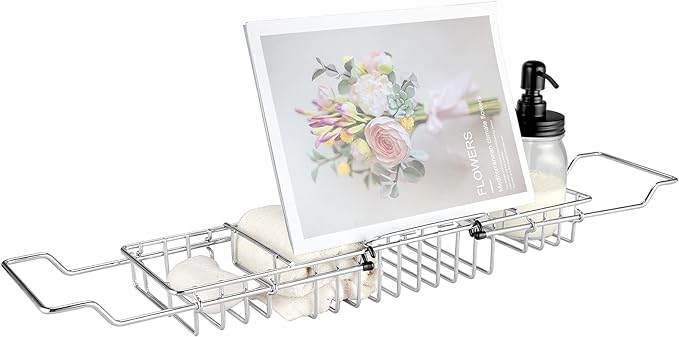 HOMEE Stainless Steel Shower Caddy Tray with Removable Book Holder, European Style Extendable Rectangular Bathroom Tray for Shower Bath Phone IPad Book Holder Candleholder Table Shelf - Silver