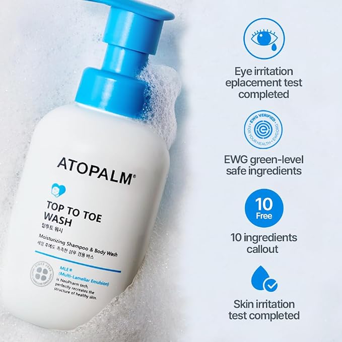 ATOPALM Top to Toe Baby Wash & Shampoo, Sulfate-Free, pH Balanced, Head to Toe Bath, 10.1 Fl Oz, 300ml | Sulfate-Free Baby Wash and Shampoo | pH Balanced Head-to-Toe Bath | Gentle Sensitive Skin Cleanser | Baby Bath