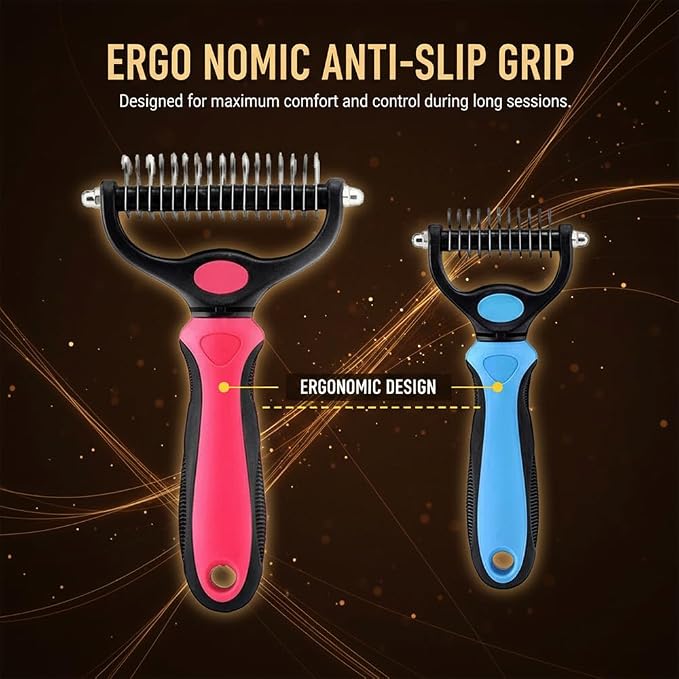 Dematting Comb for Dogs and Cats, Undercoat Rake Pet Brush for Long Hair, Deshedding Dog Brush Removes Tangles Knots and Loose Fur, Grooming Tool for Thick Coats (Blue L*2)