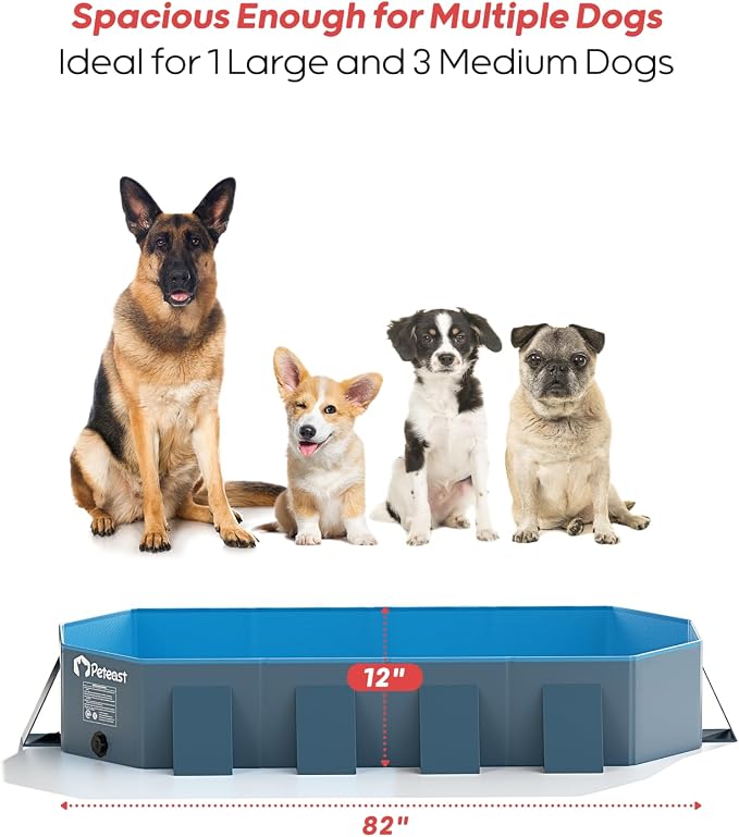 Peteast Foldable Dog Pool with Sturdy Square Design, Durable 82" Lx46 Wx12 D Extra Large Portable Pet Bathtub with Reinforced Sidewalls for Stability, Ideal for Indoor & Outdoor Use (Blue&Dark Gray)