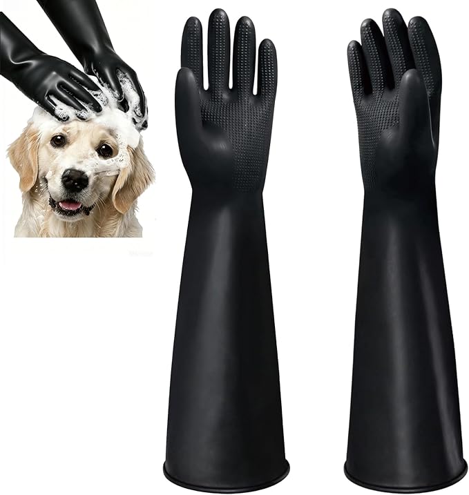 YOFANG 22" Extra Long Waterproof Pet Grooming Bath Gloves for Dogs Cats | Anti-Scratch Thick Rubber Washing Gloves with Soft Diamond particles,Efficient Hair Removal Bathing Gloves,Black