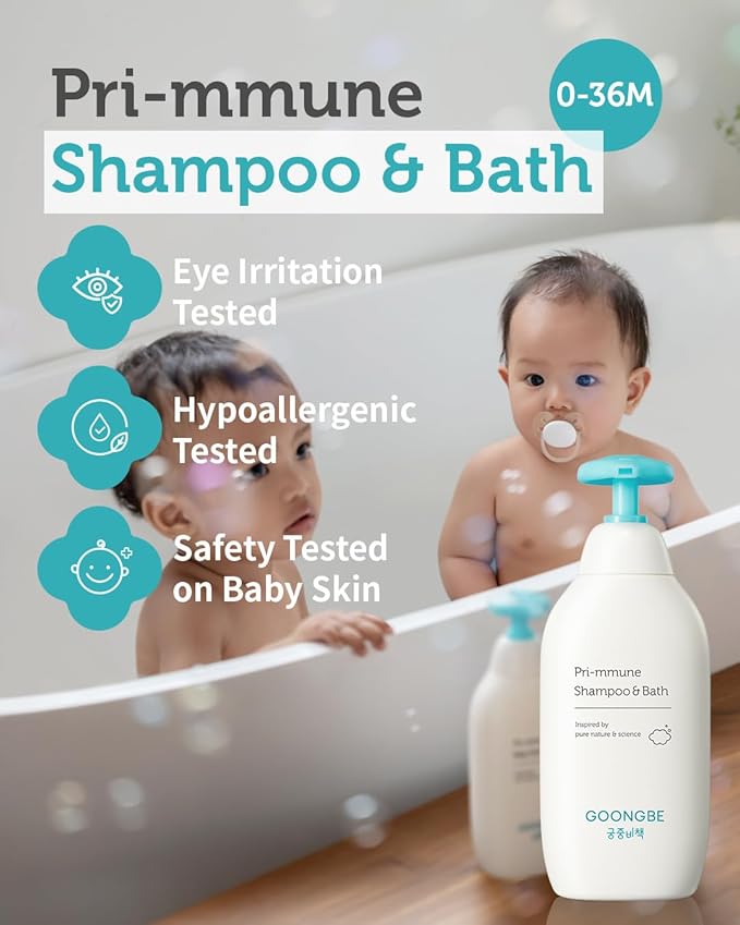 GOONGBE Pri-mmune Baby Shampoo & Body Wash for Sensitive Skin & Hair – Korean 2-in-1 Tear-Free Tested Head-to-Toe Cleanser, Sulfate-Free Low pH with Ceramide NP & Royal Oji Complex, Quick Rinse 11.8oz