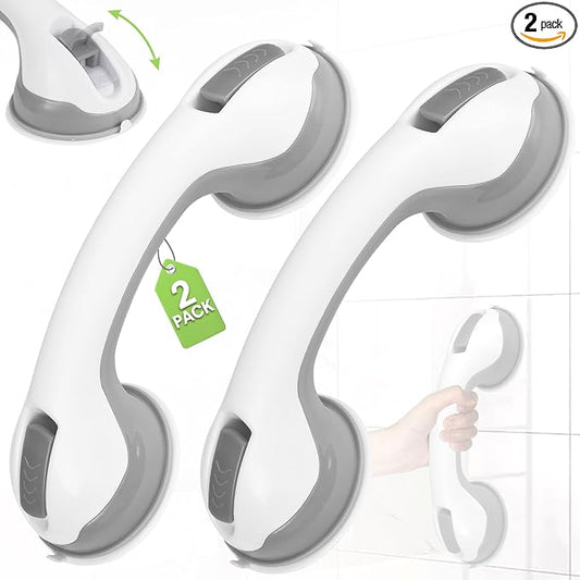 Auroras 12 Inch Grab Bars for Bathtubs and Showers with Suction Cup, Removable Shower Grab Bars for Seniors, No Drilling Heavy Duty Shower Handle for Bathroom Safety, Handicap Grab Bars, Grey (2 Pack)