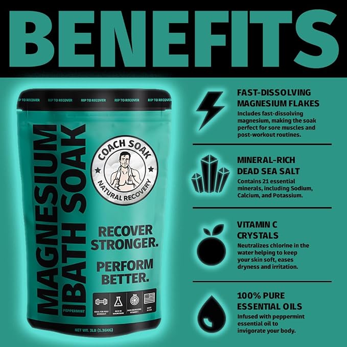 Coach Soak Recovery Bath Soak & Magnesium Cream - Bath Salt Eucalyptus (3 lb) & Magnesium Lotion Peppermint (3.4 oz) - Natural Recovery Cream & Fast-Absorbing Pure Flakes for Relaxing Muscle Support