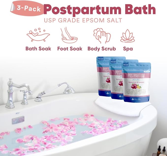 Postpartum Bath Salt (3 Pack) Postpartum Bath Soaks USP Grade Epsom Salt with Pure Essential Oils in BPA Free Pouch with Press Lock Seal Made in USA Three 2 Lbs Pouches 6 Lbs Total
