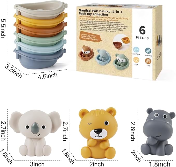 Baby Bath Toy Stackable Infant Bathtub Toys Stacking Floating Boat Train with Animal Finger Puppets Bath Toy Silicone Hand Puppet Educational Beach Toys for Babies Toddlers Party Favors