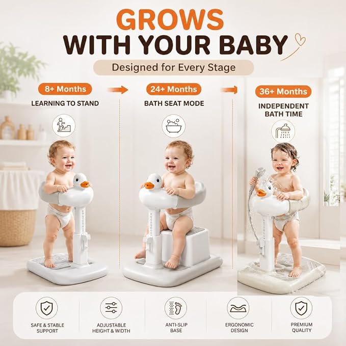 Baby Bath Stand with Built-in Seat - Duck Design - Anti-Slip Base - Baby Shower Stand for Sitting or Standing (White Beige)