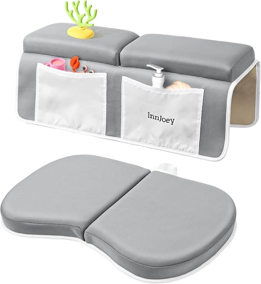 Bath Kneeler and Elbow Rest Pad Set, 1.6'' Extra Thick Bath Support for Knees and Elbows, Memory Foam Bath Mat with Toy Organizer Pockets, Quick-Dry Kneeling Pad for Bathing Grey