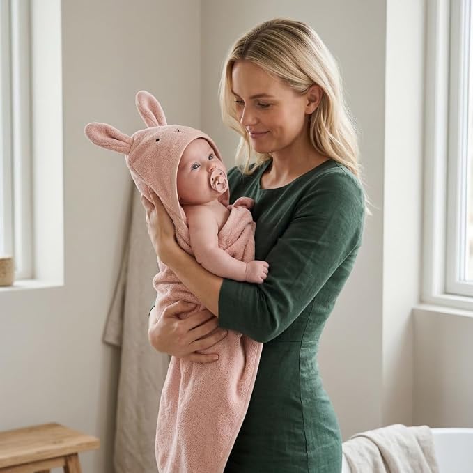 Hooded Baby Towels – 100% Organic Cotton Baby Bath Towels – Baby Girl Newborn Essentials - Super-Soft and Absorbent. (2-Pack Rabbit - Blush)