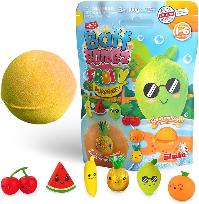 Zimpli Kids Large Fruity Surprise Bath Bomb, 1 of 6 Surprise Fruity Toys to Collect, One per Baff Bomb, Pocket Money, Bath Bomb Gift for Children, Collectable Figures