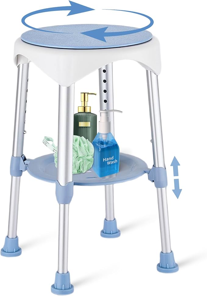 Shower Stools for Seniors, Small Shower Chair for Inside Narrow Tub, Height Adjustable Swivel Shower Chair with Storage Tray, 360° Rotating Narrow Shower Chair for Bathtub Small Tub, Blue