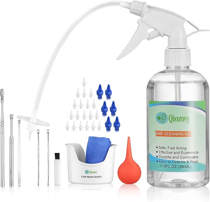 QISXROVY Ear Wax Removal Tool, Ear Cleaning Kits Safe Ear Irrigation Kit Ear Flush Kit for Adults Kid, Ear Wax Washer Device Easy to Operate, Includes Basin, Syringe, 5 Disposable Tips,Transparent
