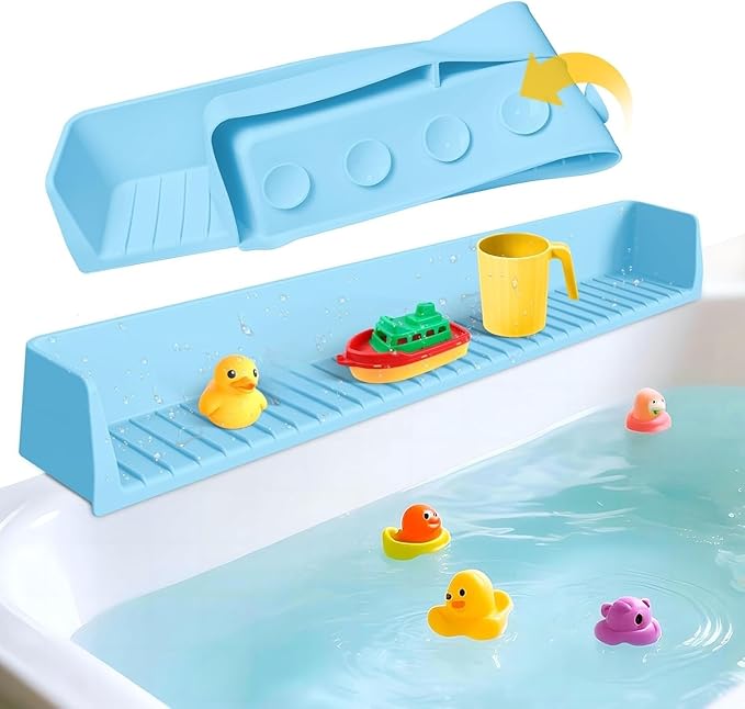 Bathtub Splash Guard,Silicone Splash Guard Play Shelf Bathtub Topper for Kids with Strong Suction Cups,Toy Holder,Toddler Bathroom Essentials (Blue)