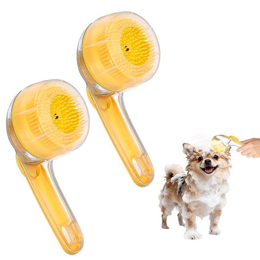 Pet Bath Brush, Dog Shampoo Brush New 2 in 1 Grooming Massage Scrubber Bubble Maker with Ring Built-in Shampoo Dispenser(Fine Bristled,Yellow), for Long Short Hair Cats Shower