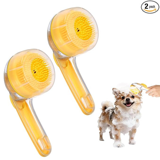 Pet Bath Brush, Dog Shampoo Brush New 2 in 1 Grooming Massage Scrubber Bubble Maker with Ring Built-in Shampoo Dispenser(2Pcs,Fine Bristled,Yellow), for Long Short Hair Cat Shower