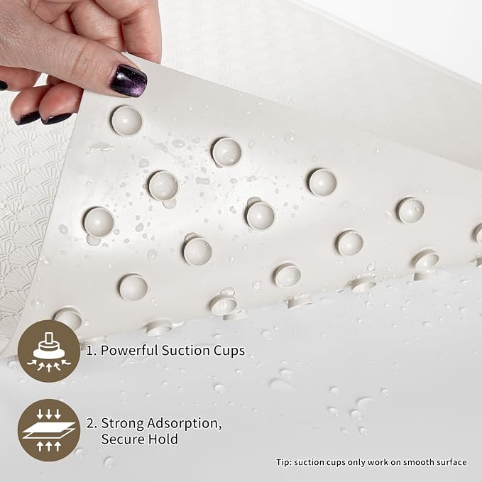 Bathtub Mat Non Slip, Bath Mat for Tub 22.4 x 14 Inches, Shower Mats with Suction Cups, Rubber Shower Stall Mats for Elderly & Kids, Cream White