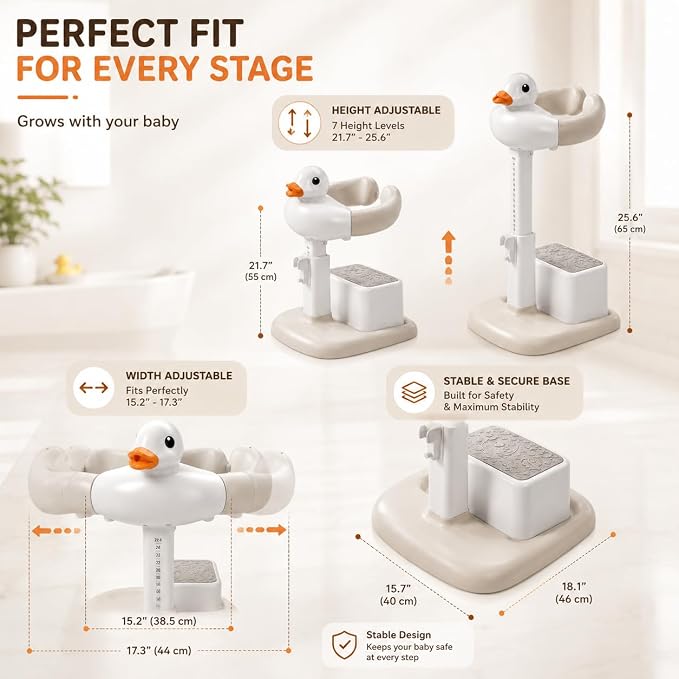 Baby Bath Stand with Built-in Seat - Duck Design - Anti-Slip Base - Baby Shower Stand for Sitting or Standing (Gray)
