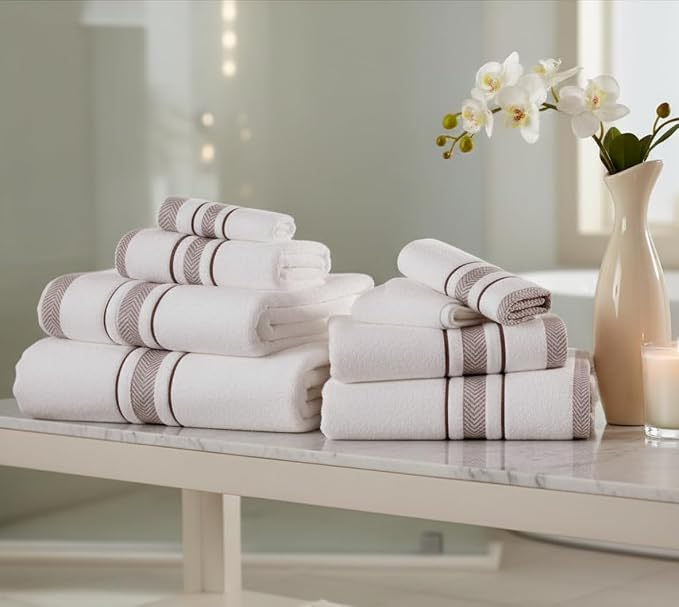 Bath Towels Set for Bathroom – Luxury 6-Piece Cotton Towels, Soft Absorbent & Quick Dry, 600 GSM Bath Towels for Bathroom, Hotel Spa Quality (2 Bath, 2 Hand, 2 Washcloths, White Brown Stripe)