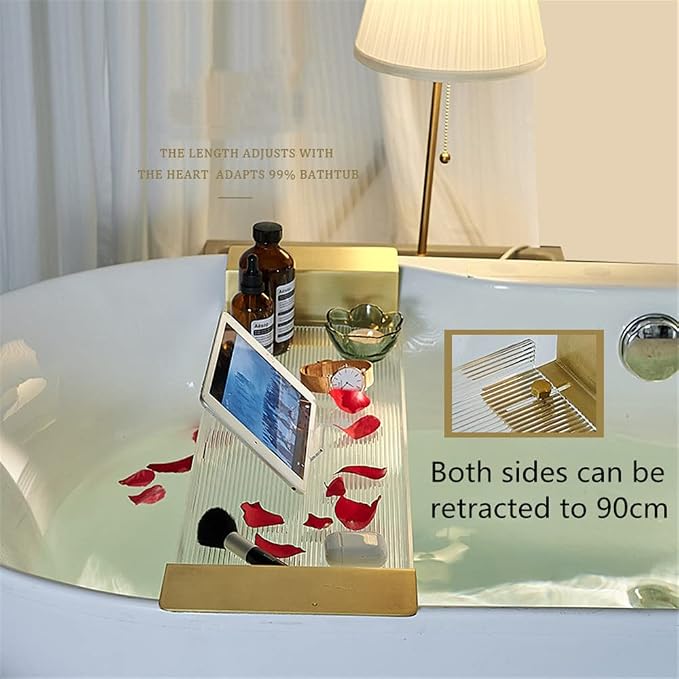 WANLIAN Acrylic Brass Bathtub Caddy Tray, Adjustable Length Bath Caddy Tray Shelf for Shower Storage Organizer