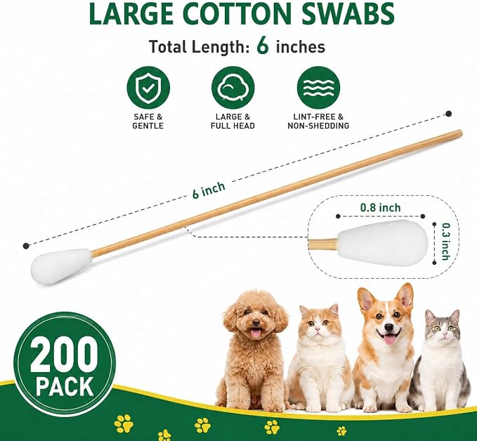 200PCS Long Cotton Swabs in Storage Box,6 Inch Long Cotton Swab with Bamboo Handle for Dogs and Cats - Lint Free,Gentle and Soft Cotton,Ear Swabs Specially Designed for Dogs Ear Cleaning