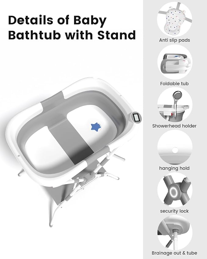 Baby Bathtub with Stand, 2-in-1 Collapsible Bath Tubs for Newborn to Toddler, Infant Bathtub with Folding Stand, Portable Bathtub for Baby Including Soft Cushion, Storage Pad (Gray)