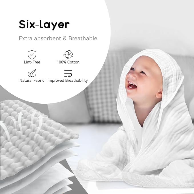 Baby Hooded Towels for Babies and Toddlers, Muslin Baby Bath Towel Soft and Absorbency for Boys and Girls (White 2 Pack)