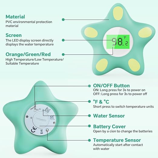 Baby Bath Thermometer for Infant & Toddler, Floating Digital Water Temperature Thermometer with 3-Color LED Backlight, Instant Accurate Reading,Baby Bath Toy,Hot & Cold Alert（Green starfish）