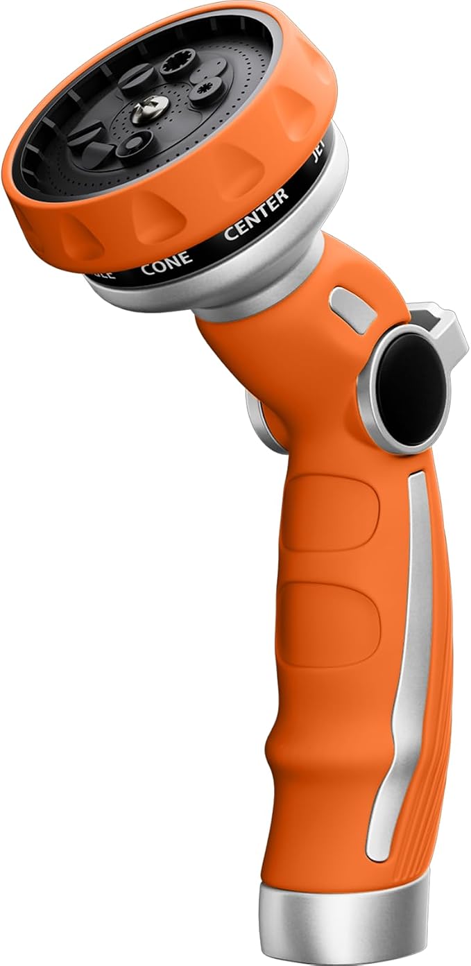 RESTMO Hose Nozzle Heavy Duty, Metal Water Hose Sprayer for Garden | 9 Spray Patterns, High Pressure, Thumb Flow Control, On/Off Valve, Ideal for Outdoor Lawn & Plant, Car & Pet, Orange