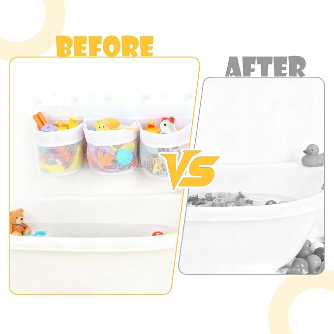 Bath Toy Storage Organizer, Multi-Use Mesh Net for Bathtub Toys, Shower Toy Holder Basket, Fits for Bathroom Wall, Shower Area, Tub Side and Poolside, Fast Draining, White